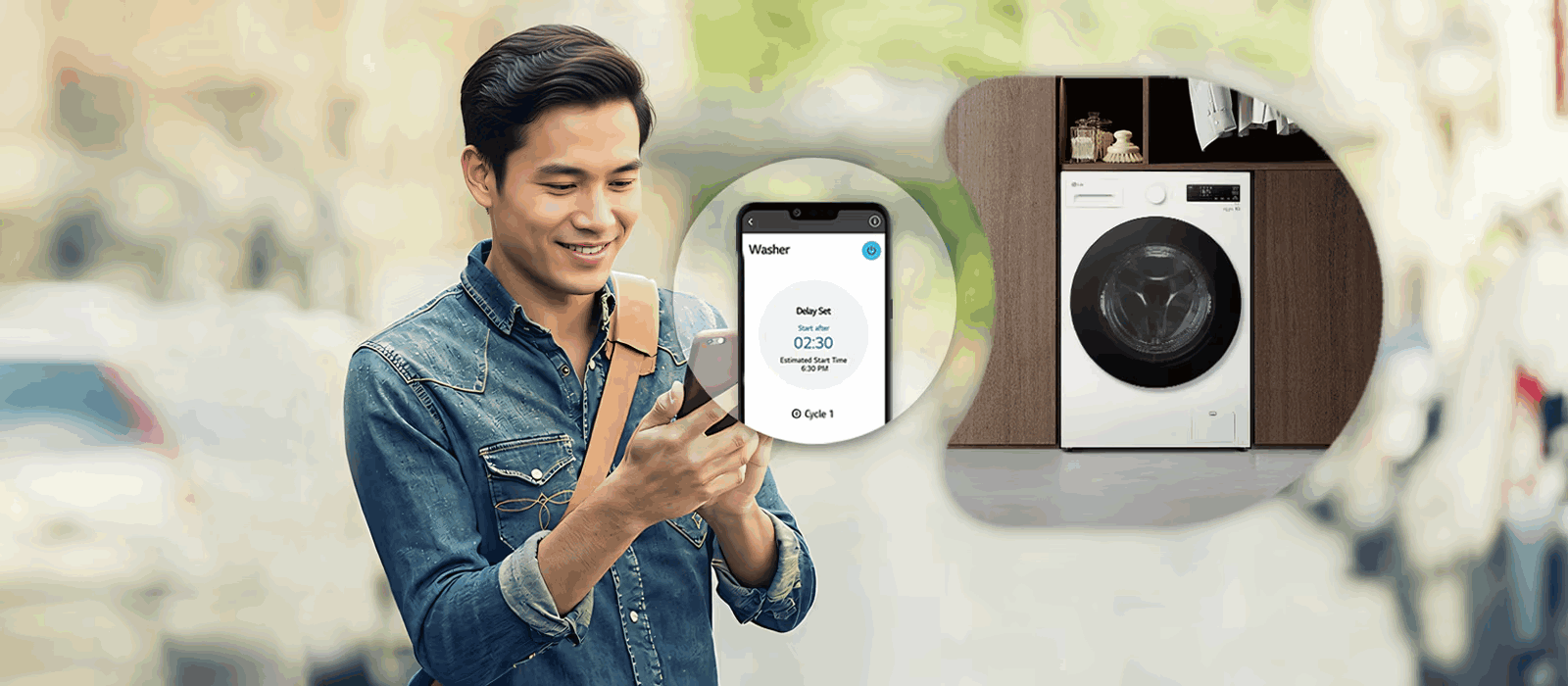 Máy giặt cửa trước màu trắng được điều khiển từ xa qua ứng dụng trên điện thoại thông minh